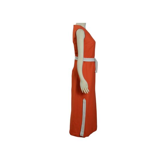 1970s Liberty Circle Orange & White Sleeveless  Boho Chic  Mod Maxi Dress - Picture 2 of 7